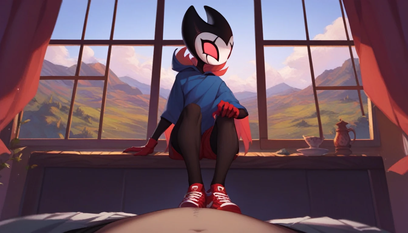 score_9, score_8_up, score_7_up, score_6_up, zPDXL2, grimm \(hollow knight\), vampire, bat, 1boy, solo, cute face, detailed eyes, anthro, near the window, landscape, highlight thighs, medium shot portrait, red sports gloves, sneakers, profile picture, blue hooded, pov