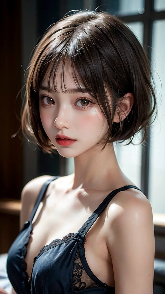 (Highest quality, masterpiece:1.3), ((Beautifully detailed face)), beautifully detailed skin, Intricate details, Very detailed, Best image quality in 8K,(18 year old high school girl:baby doll,Night bra,Night Dress,sexy:2.0,Undressing),A Japanese girl,Baby Face,(Detailed Hair,Bobcut:1.4),Detailed lips,Open your mouth,Beautiful and detailed feet,blush,Embarrassing,Realistic Face,Realistic Skin,(Vibrant Skin),Vivid lips,Lip gloss