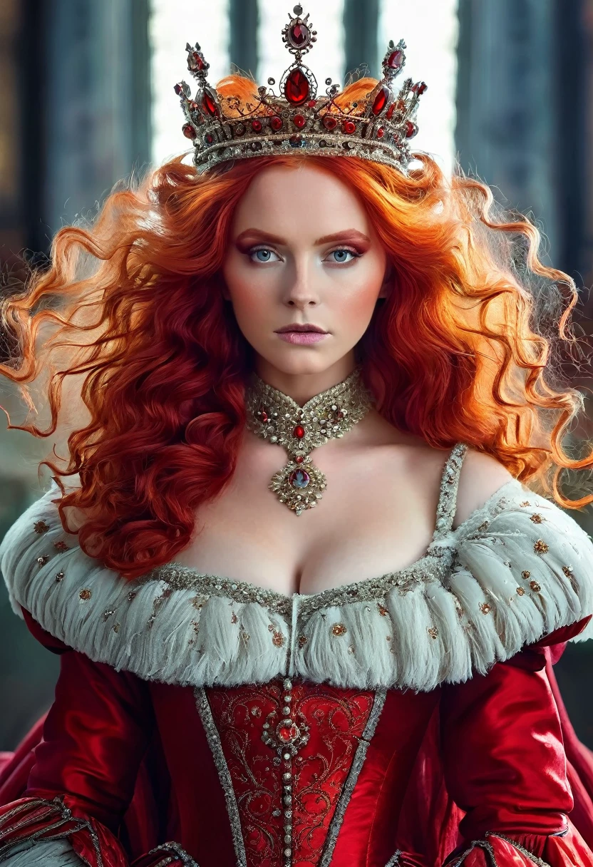 the red queen，Fluffy red hair，crown，Queen&#39;s throne