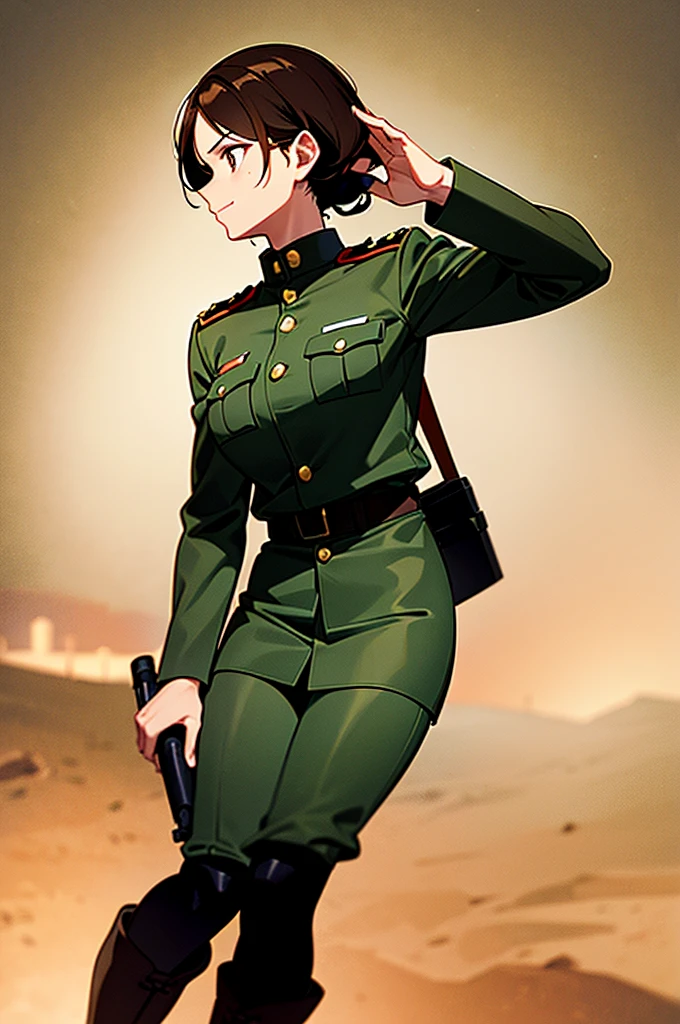 Content: A mature, brown anime woman in a military uniform. She has dark brown eyes, brown skin, brown hair that ends halfway down her back, and military boots. Her military uniform has themes of brown to reflect the desert background, and she carries binoculars. Her appearance is loosely inspired by Erwin Rommel. She wears a confident smile, looking very mature, with her hands on her hips. Medium: Digital art, anime illustration. Style: Pixiv contest winner, fine art, with elements inspired by historical military aesthetics and anime character design. Lighting: Dramatic, with strong contrasts to highlight her authoritative presence and the details of her uniform. Subtle shadows to add depth and realism. Colours: A palette dominated by military greens, browns, and blacks to reflect the desert environment. Composition: A full body shot. She salutes to the camera, showcasing her confidence and authority.