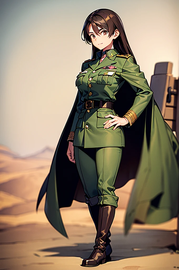 Content: A mature, brown anime woman in a military uniform. She has dark brown eyes, brown skin, brown hair that ends halfway down her back, and military boots. Her military uniform has themes of brown to reflect the desert background, and she carries binoculars. Her appearance is loosely inspired by Erwin Rommel. She wears a confident smile, looking very mature, with her hands on her hips. Medium: Digital art, anime illustration. Style: Pixiv contest winner, fine art, with elements inspired by historical military aesthetics and anime character design. Lighting: Dramatic, with strong contrasts to highlight her authoritative presence and the details of her uniform. Subtle shadows to add depth and realism. Colours: A palette dominated by military greens, browns, and blacks to reflect the desert environment. Composition: A full body shot. She salutes to the camera, showcasing her confidence and authority.