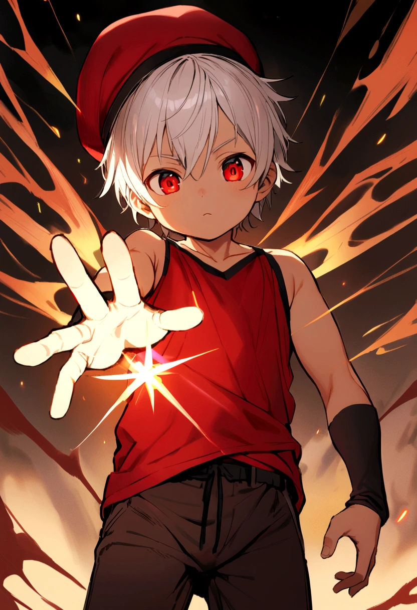6 boy, white hair, red hat, red eyes, red tank top and pants inside.