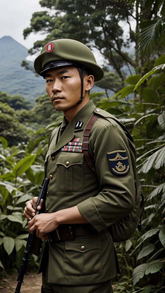 A Japanese soldier in a World War II uniform, looking vigilant and cautious, with an overgrown jungle in the background