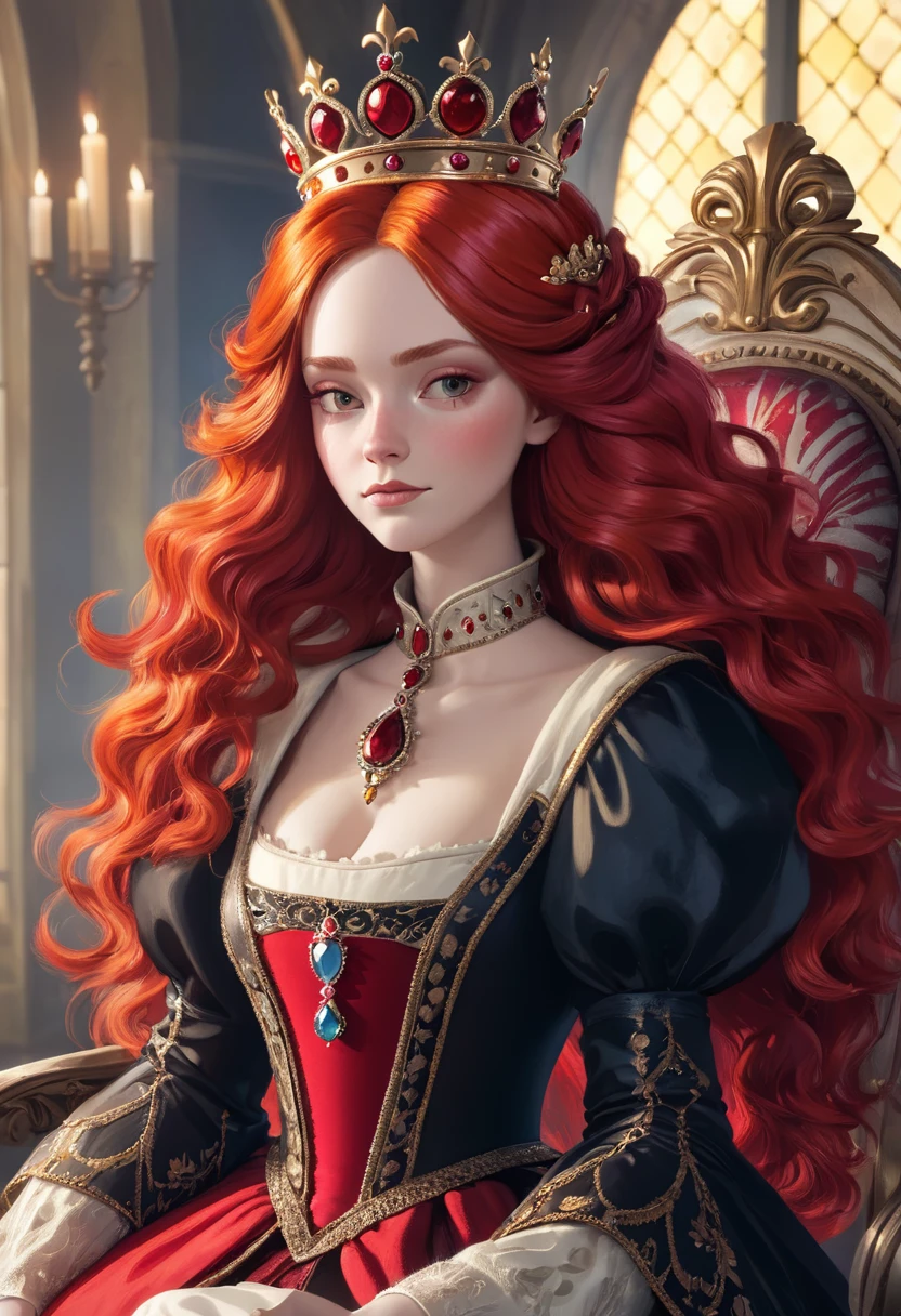 the red queen,Fluffy red hair,crown,Queen's throne