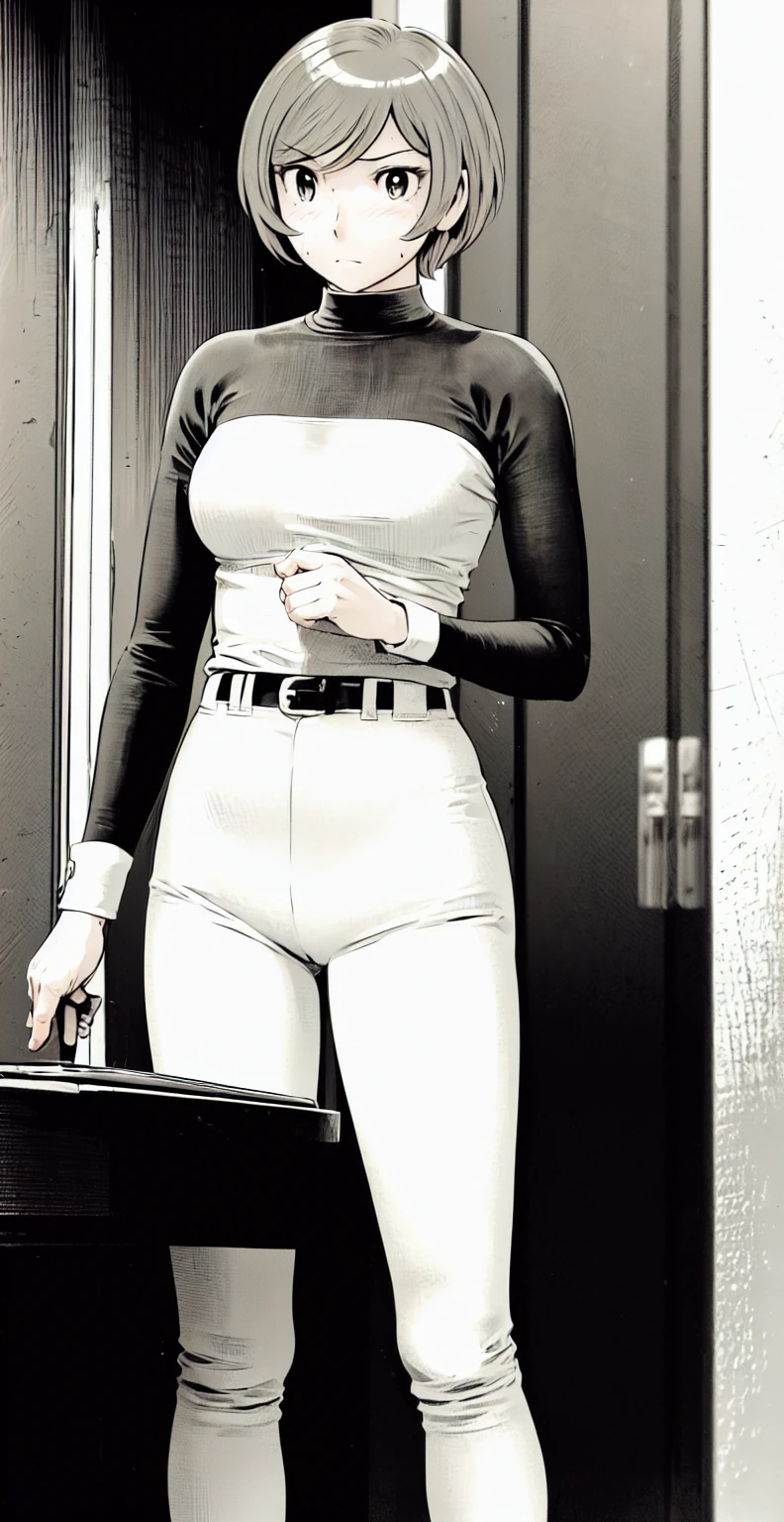 (野球uniform:1.2),
Blonde Hair, (short hair:1.2),Long sleeve, Black Shirt, turtleneck,White trousers、uniform、Black belt、((Illustration of people))、Big Boobs、
View Audience,, (Highest quality:1.3),One Girl, White pants、uniform、indoor、baseball 、White wall、blue eyes、Tight black shirt、(masterpiece、Highest quality)、Highest quality, Ultra-high resolution, (((masterpiece))), alone, Sweat、Big eyes、Big Breasts、One Girl, Front view、Embarrassed face、Bronze colored hair、((short hair))、Stand up straight、Cowboy Shot