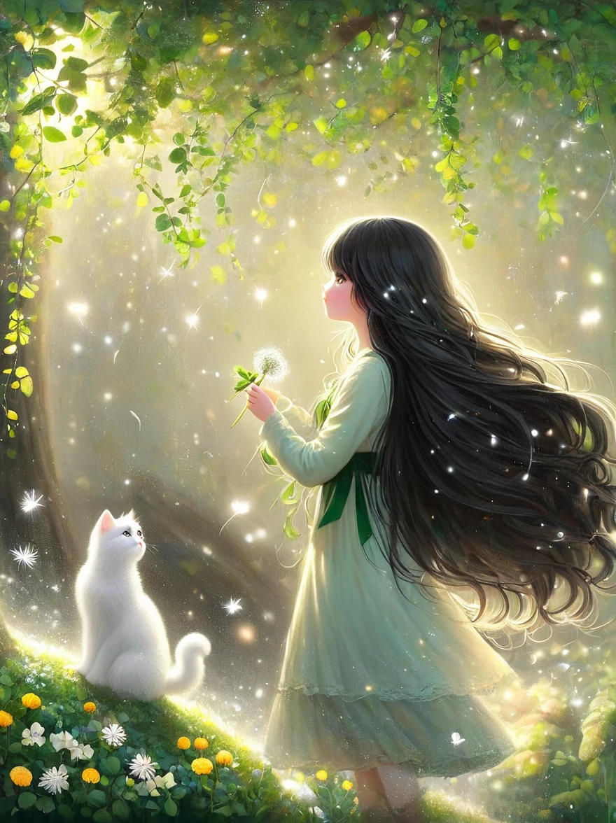 1 Girl, 独奏, Long hair, Black Hair, Long sleeve, skirt, Keep, perpetual, myopia, flower, Artist Name, sign, from the side, Tree, contour, animal, Watermark, Wavy Hair, flower卉印flower, Cat, plant, , Nature, Network skirt, forest, curls, Green dress, vine,Glowing silver light,Innocence,storybook-like,对Nature的温柔描绘,Wear,so beautiful, in the style of Amanda clark, Evgeni gordiets