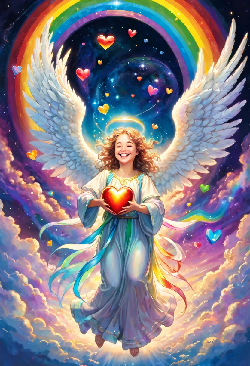 A smiling angel holding the earth, a heart overflowing, joy, outer space, rainbow colored light