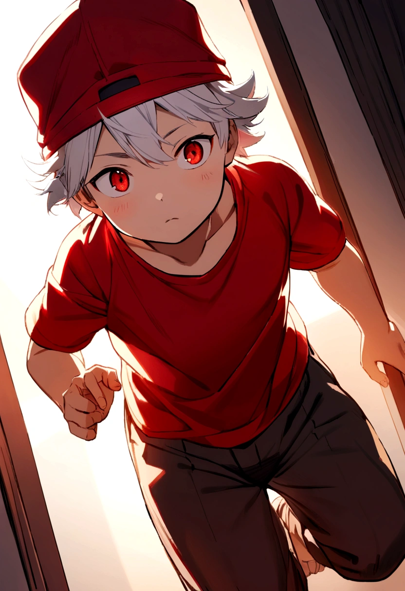 6 boy, white hair, red cap backwards, red eyes, red tank top and pants inside.