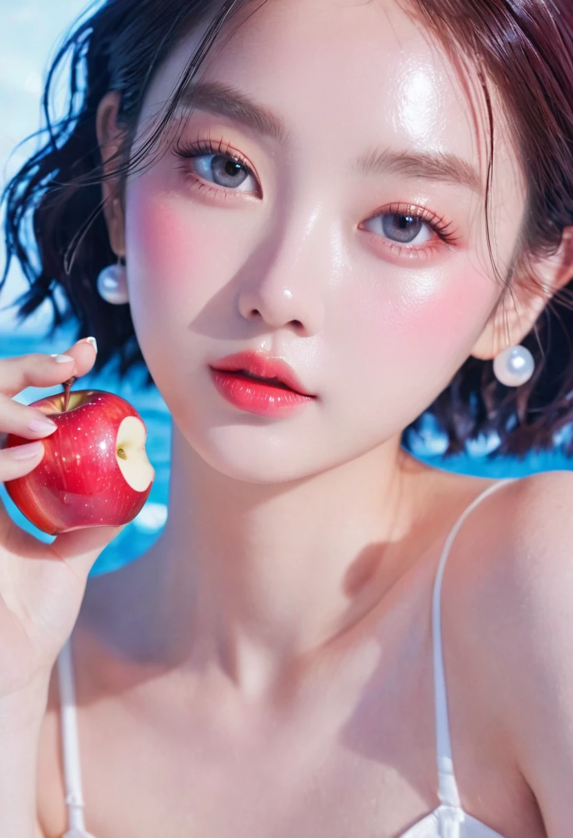 夏日Red Apple少女,Dopamine age, Cool summer days,Ice cubes,The watery girl,Delicate skin,Hydration,Shiny,Shiny,dream,Front view,bust,pearl,Red Apple,pink