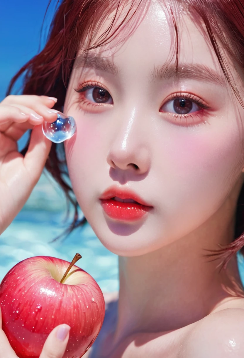 夏日Red Apple少女，Dopamine teenage， Cool summer days，Ice cubes，The watery girl，Delicate skin，Hydration，Shiny，Shiny，dream，Front view，bust，pearl，Red Apple，pink