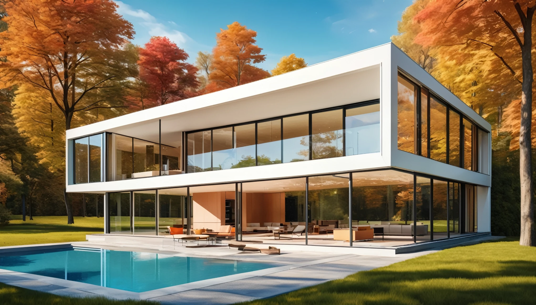 A sleek, modern minimalist house with clean lines, large glass windows, and a minimalist landscape. Style of Ludwig Mies van der Rohe. Hyper realistic photo, vibrant colors, 16k