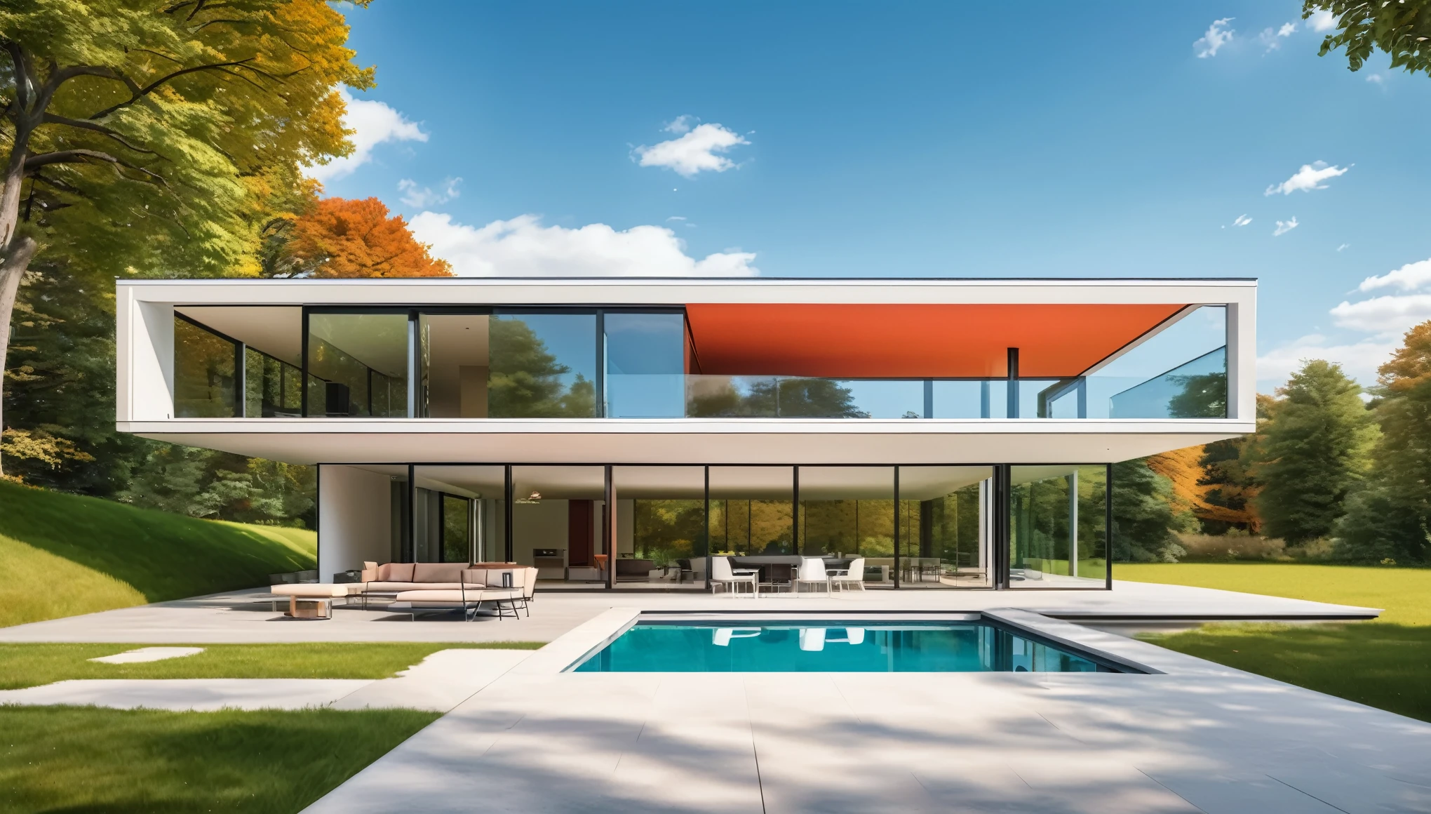A sleek, modern minimalist house with clean lines, large glass windows, and a minimalist landscape. Style of Ludwig Mies van der Rohe. Hyper realistic photo, vibrant colors, 16k