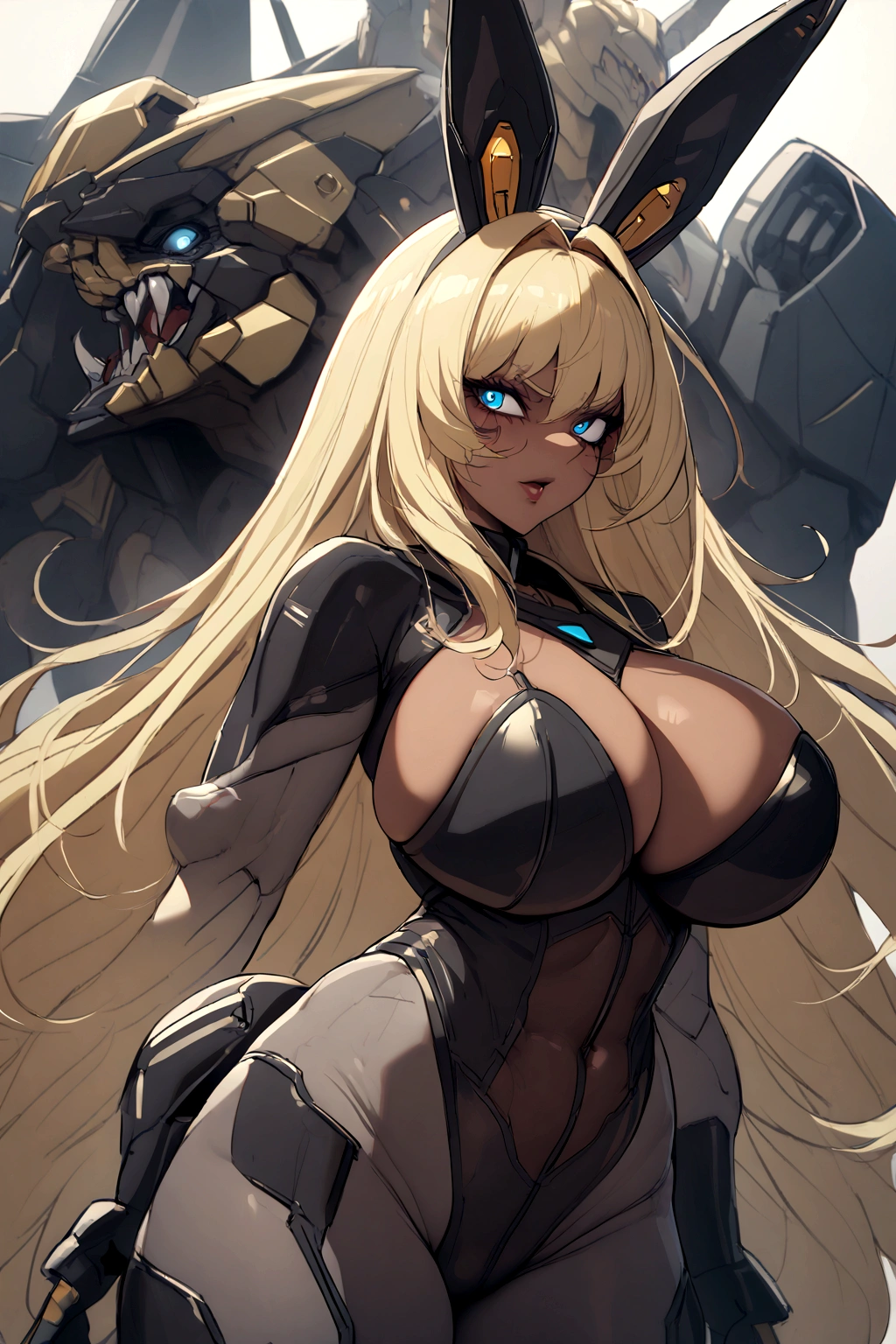 Mecha suit, Monster girl, bunny girl, voluptuous, dark skin, blonde hair, blue eyes, Evil face