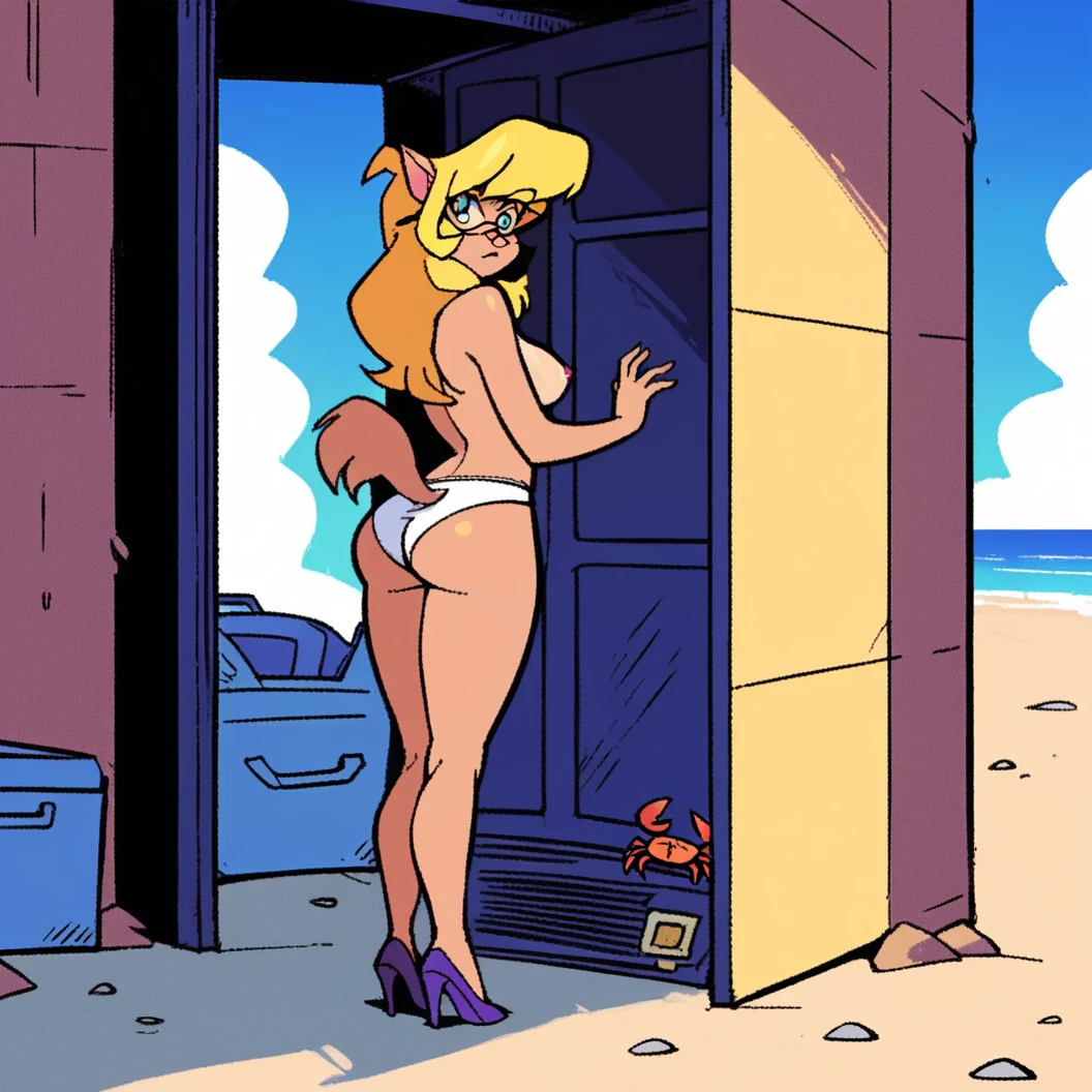 score_9, score_8_up, score_7_up, score_6_up, score_5_up, score_4_up, (Source furry), (rating nsfw), 1girl solo, outdoors, beachfront, looking at viewer, glasses, callie briggs, detailed, detailed fur, side view, topless, standing, full view, legs, purple heels, white panties, no top, big butt, thicc, beach, blonde hair, caught off guard, surprised, crab pinching butt cheek