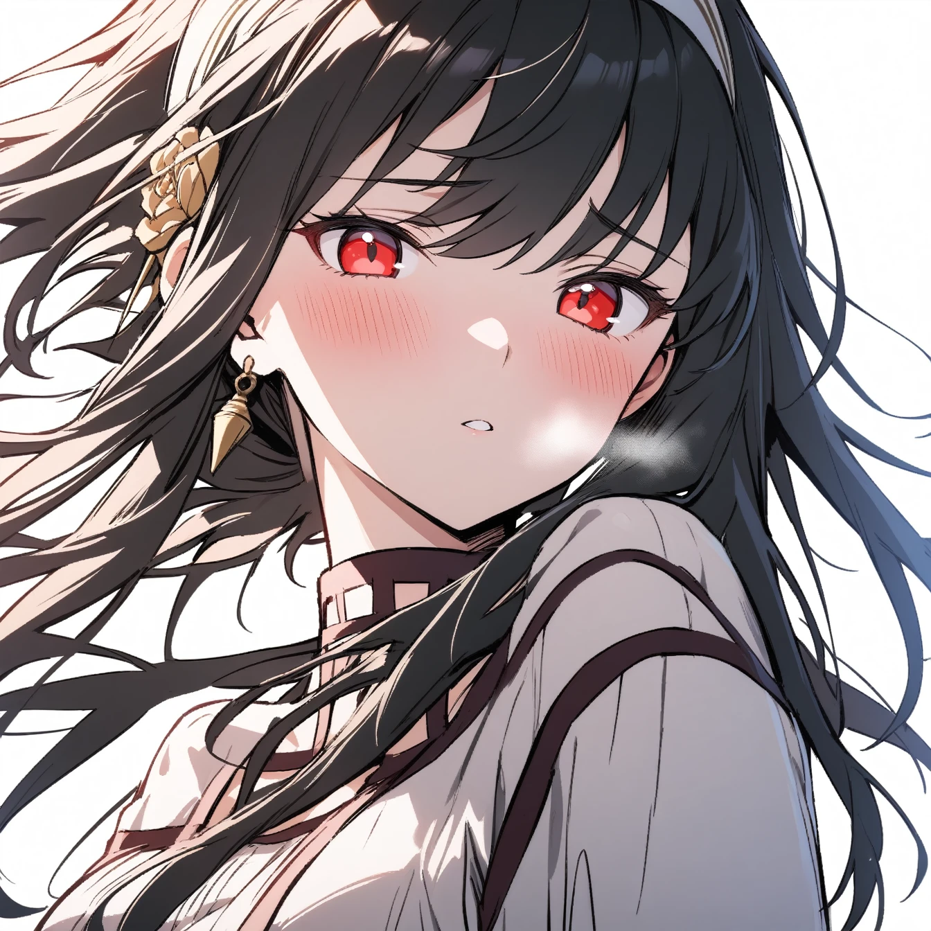 1 girl, yorbriar, yor briar, alone, viewer, pure white background, blush, red eyes, breathing, avatar, half body, comic style colorless, angle, masterpiece, best quality
