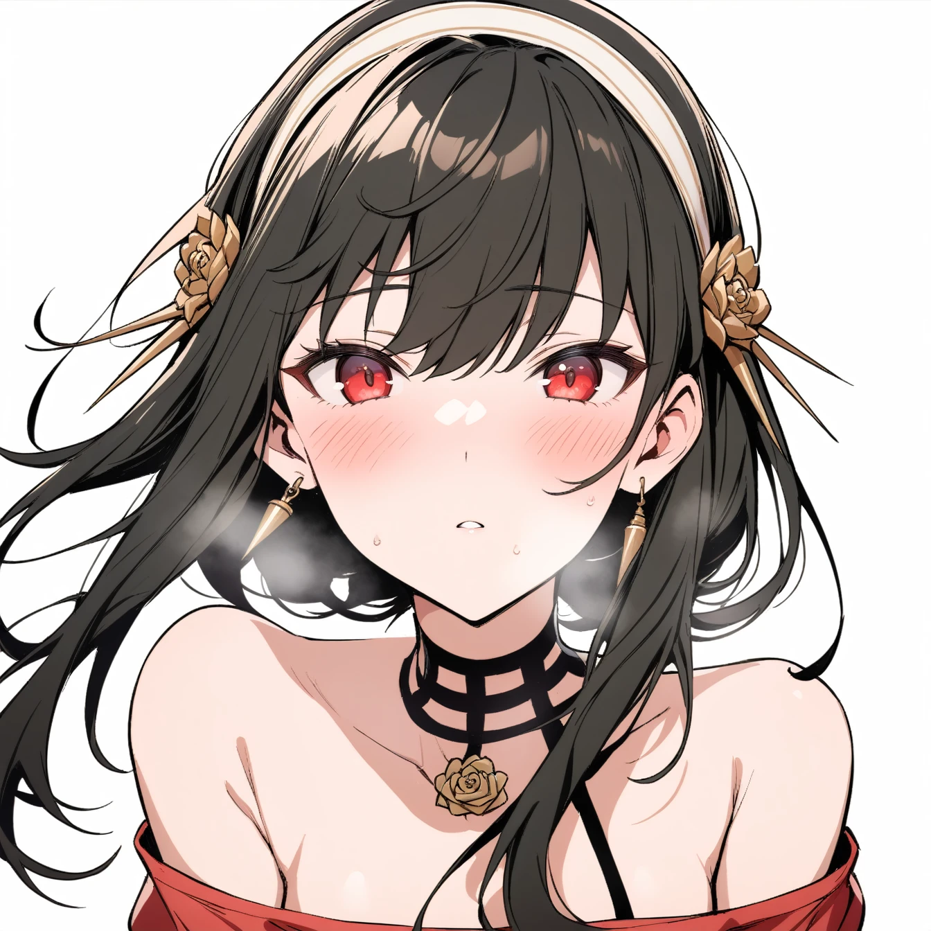 1 girl, yorbriar, yor briar, alone, viewer, pure white background, blush, red eyes, breathing, avatar, half body, comic style colorless, angle, masterpiece, best quality