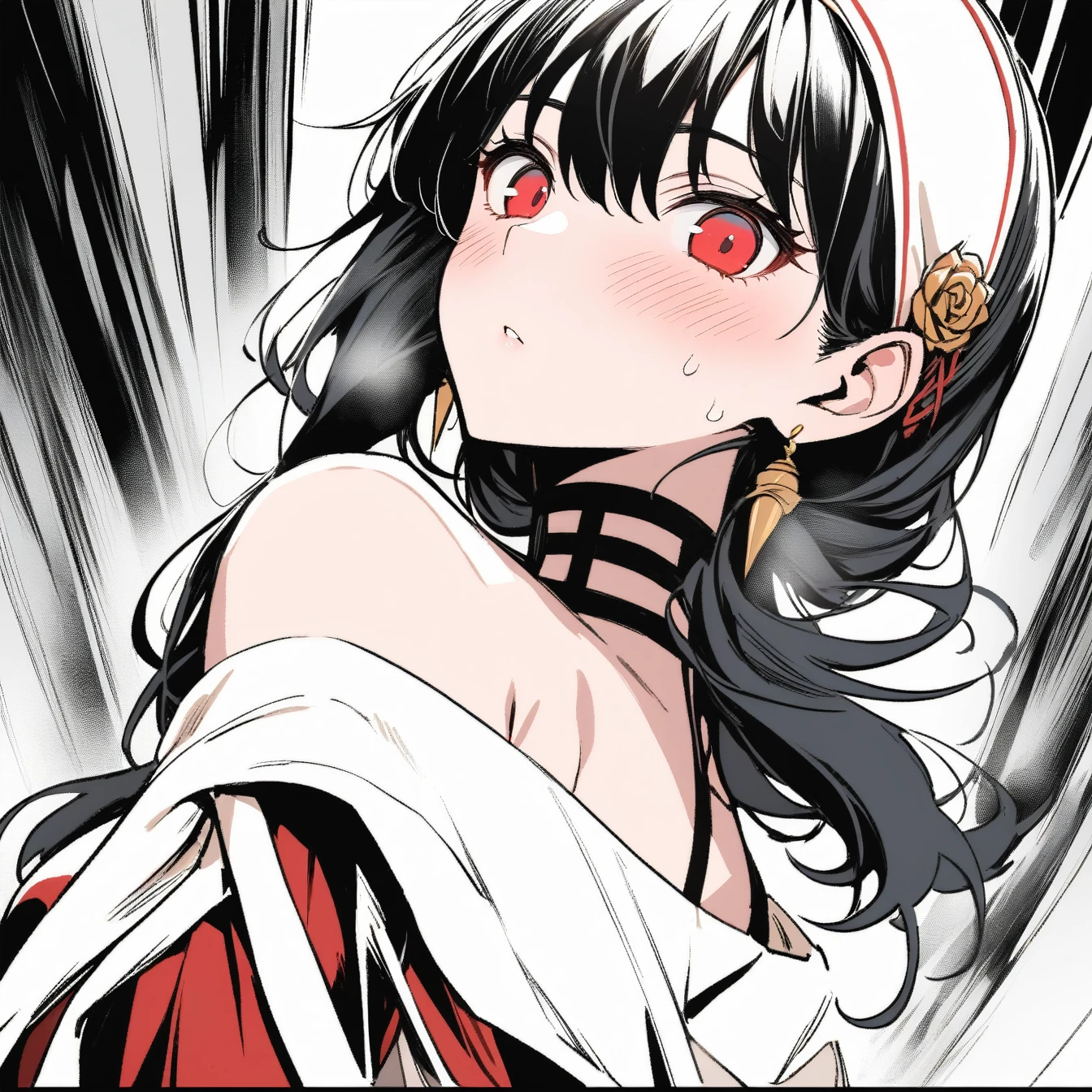 1 girl, yorbriar, yor briar, alone, viewer, pure white background, blush, red eyes, breathing, avatar, half body, comic style colorless, angle, masterpiece, best quality