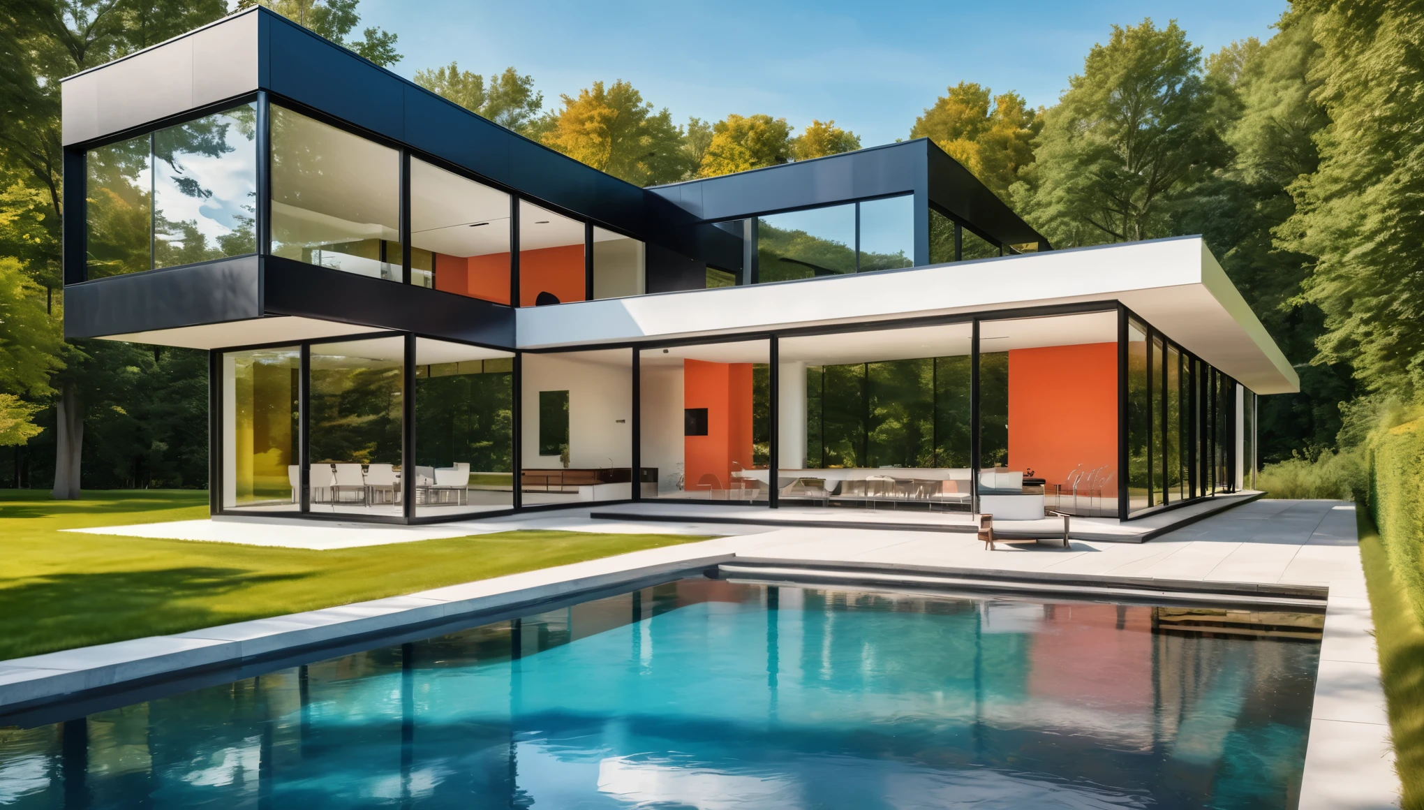 A sleek, modern minimalist house with clean lines, large glass windows, and a minimalist landscape. Style of Ludwig Mies van der Rohe. Hyper realistic photo, vibrant colors, 16k