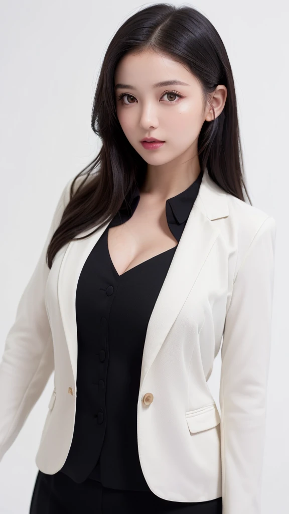 (((teacher、suit、blouse、Jacket、forehead、Northern Europe、White people、beautiful girl、Black Hair、White background)))、table top, highest quality, figure, super detailed, finely, High resolution, 8k wallpaper, Perfect dynamic composition, detailed and beautiful eyes, Deco out,bionde, super big breasts, Natural color lip,white background, random cute poses,