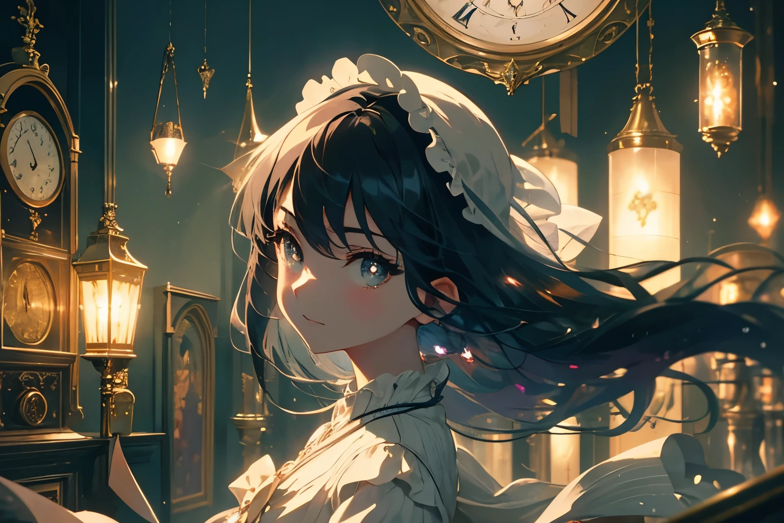 Create exquisite illustrations reminiscent of Makoto Shinkai's style, It has ultra-fine details and top-notch quality. Create a high-quality illustration depicting a beautiful girl in a nostalgic clock shop filled with various types of clocks. The scene should evoke a sense of nostalgia and enchantment, with intricate details and a dreamy atmosphere. The girl's features should be beautifully rendered, capturing her serene and contemplative expression. The clock shop should include elements such as vintage wall clocks, ornate grandfather clocks, and delicate pocket watches, all meticulously detailed to enhance the nostalgic feel. The warm lighting should cast a gentle glow over the scene, creating a magical and timeless ambiance. Every element should be meticulously crafted to immerse the viewer in a nostalgic and enchanting moment. best quality, masterpiece, expressive eyes, gorgeous, vivid, perfect face, smile, happyness, 2eyes, emotion, detailed pupils, vivid pupils,stunning, life, relfection, peace, warm, compsition, artistic, 4k, wallpaper, bonnet, wind, glowing eyes