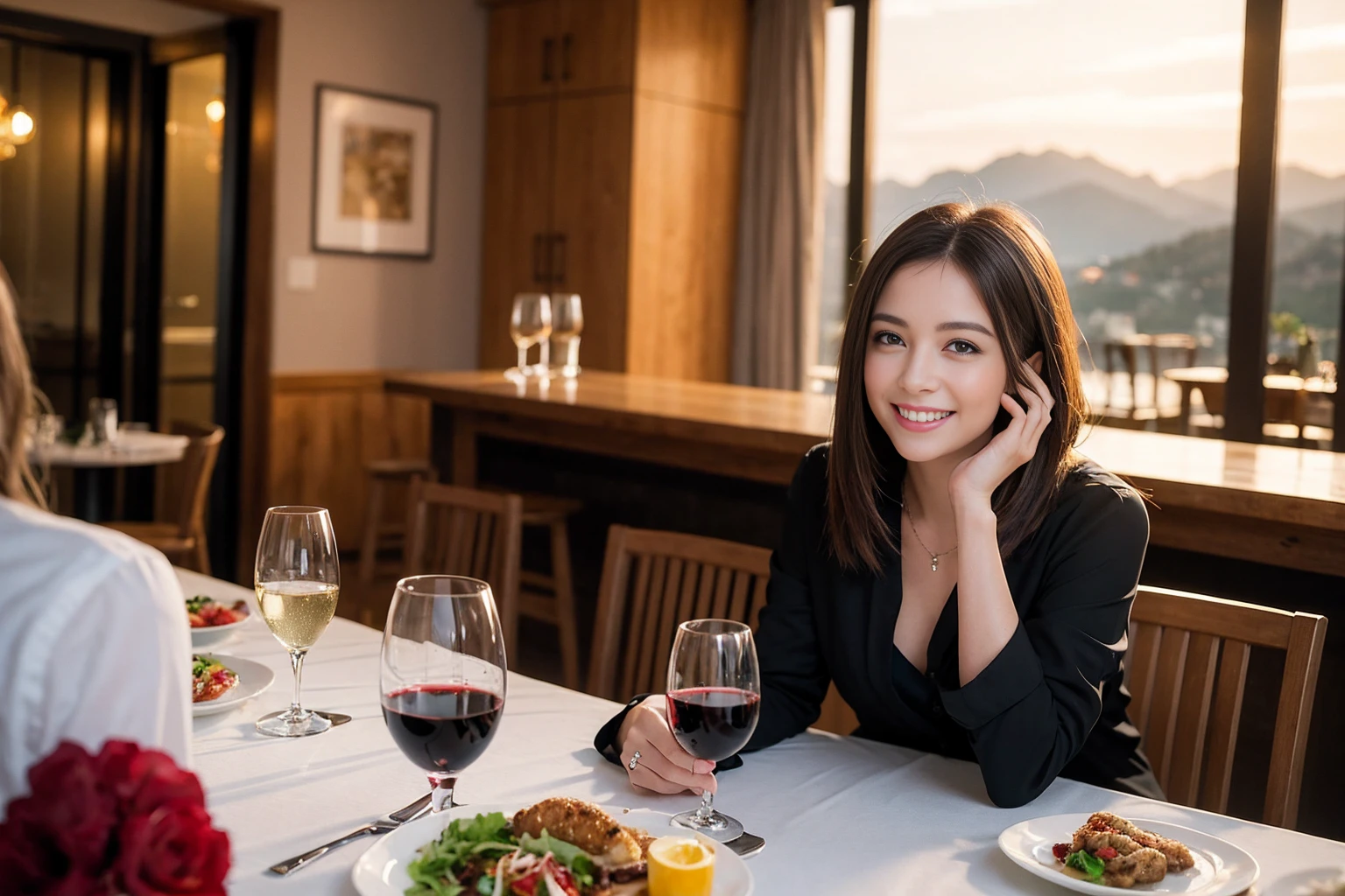 ((Highest quality、8K、masterpiece:1.3))、1 male、1 female、spouse、Beautiful couple、smile、 (Slim face), (the body is スリム), (Brown Hair), (Shortcuts), ((Bob Hale、Straight hair:1.2)), テーブルの上のwine glass、Please shine a light on my face、 Amazing view of the sunset sky and clouds、Amazing mountain views、smileの美しさ、Bright imYear、Blushing, Shortcuts,Bright Face、 Year), 39 Year, red wine 、Appetizers、Italian food、Wine bottle、Champagne、sparkling wine、Long sleeve shirt、dress、Attractive beauty、restaurant, Nova Frog Style, actress, model, Upper Body, White wine, red wine, wine glass,