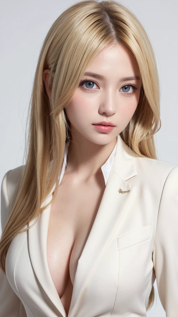 (((teacher、suit、blouse、Jacket、forehead、Blonde、Northern Europe、White people、beautiful girl、Blonde、White background)))、table top, highest quality, figure, super detailed, finely, High resolution, 8k wallpaper, Perfect dynamic composition, detailed and beautiful eyes, Deco out,bionde, super big breasts, Natural color lip,white background, random cute poses,