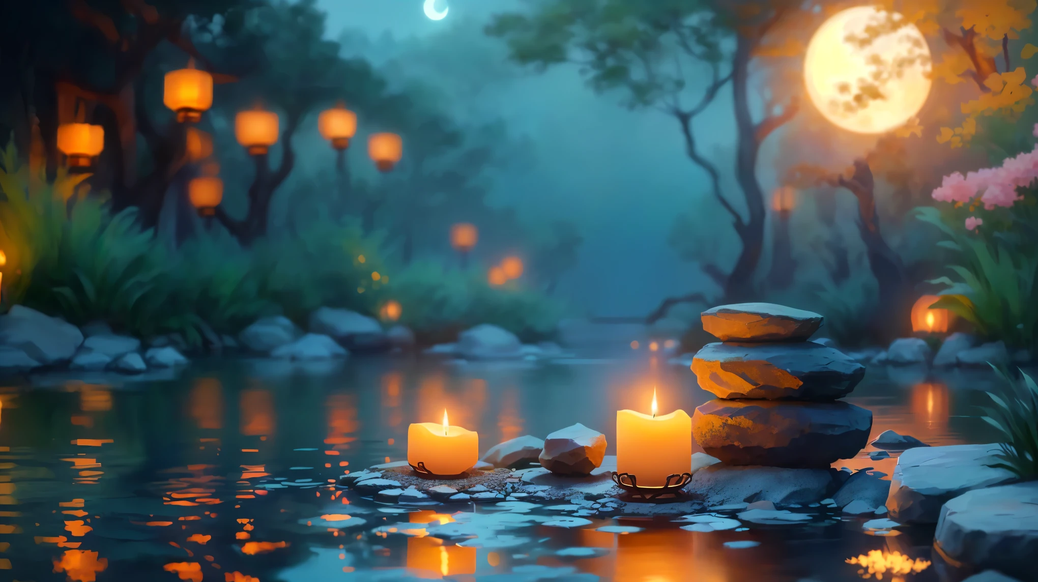 Full moon background、A candle and a stone are placed in the pond, Peaceful atmosphere, Relaxed atmosphere, Zen Nature Background, Relaxing environment, Calm evening atmosphere, relaxed mood, Quiet and peaceful atmosphere, Beautiful atmosphere, Floating Candles, Relaxing concept art, Background artwork, Quiet landscape, Peaceful environment, Zen temple background, Warm and beautiful scenery, Beautiful atmosphere