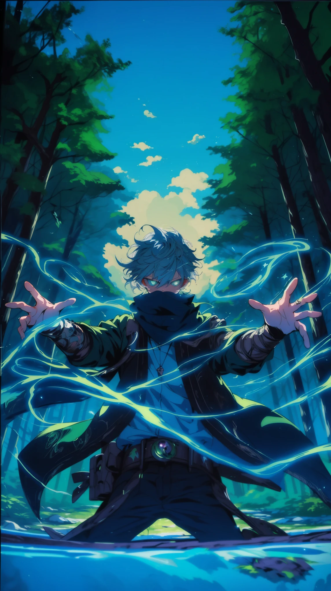 ((Detailed hands)), In a mystical forest clearing, our lone hero raises their arms, conjuring swirling winds and crackling lightning. The dynamic angle captures the raw power of their magic, abasterpiece)), ((best quality)), ultra detailed,((illustration)), dynamic angle, detailed light, (delicate eyes), (ahoge:0.8),apathy, ray，frontage，style of anime4 k， 4k anime wallpaper， badass anime 8 k， 4 k comic wallpaper