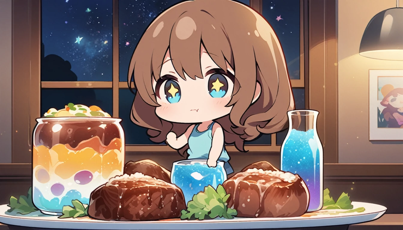 masterpiece、Highest quality、Thematic Depth、2D illustration、1 beautiful girl、solo, (((Chibi Style)))、((night)), ((window)), ((Starry Sky)), length, Beautiful Hair、Shiny brown hair、cute、Beautiful and detailed eyes、((Tank top))、Glass of blue soda, ((colorful))、mile))、((Canned Chuhai)), ((Close-up shot))、((Eat beef steak)), ((In the room))、((There'There's lots of pink all around))、Thighs、((Bright colors))、Shine、((Lens flare))、