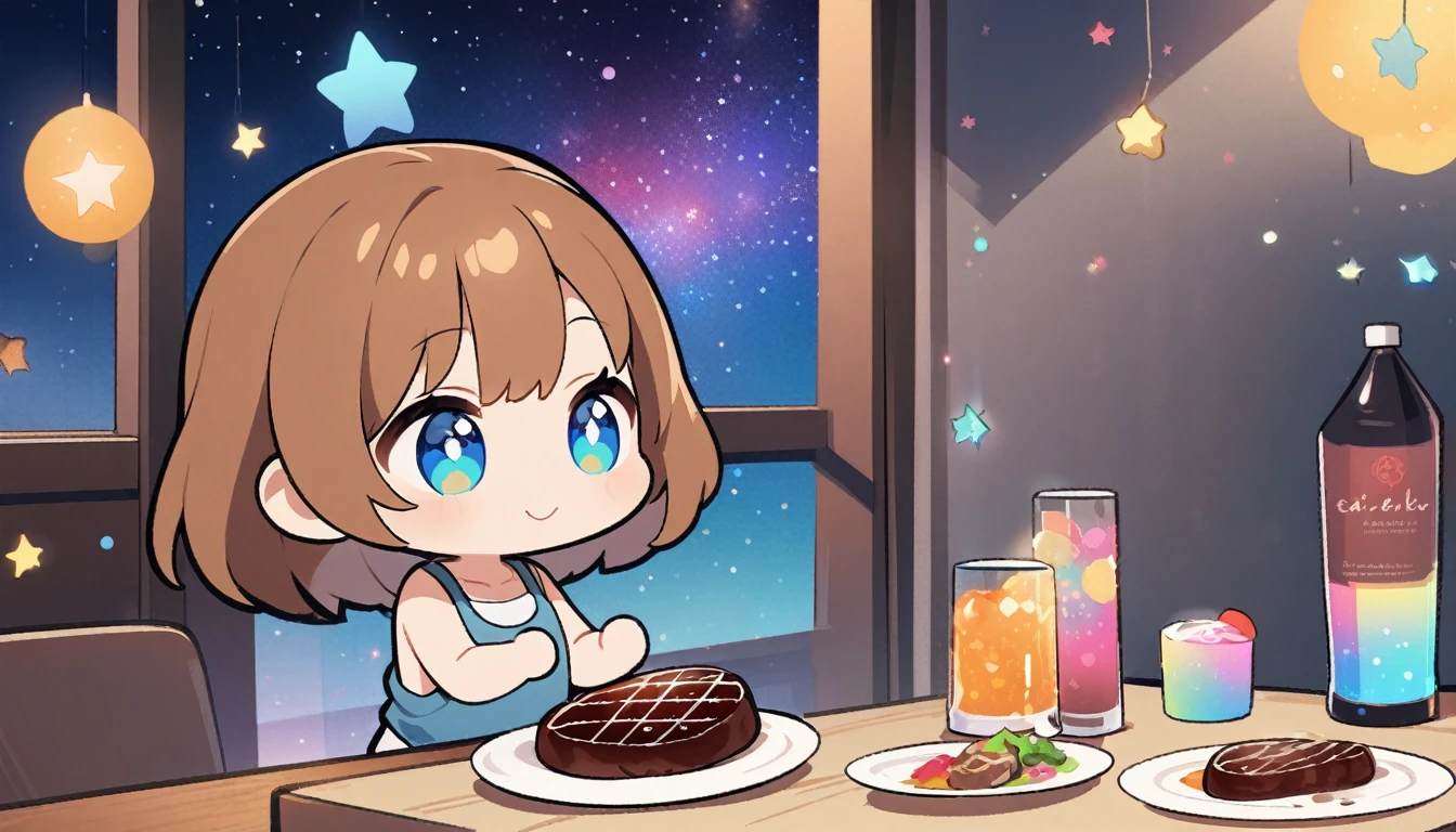masterpiece、Highest quality、Thematic Depth、2D illustration、1 beautiful girl、solo, (((Chibi Style)))、((night)), ((window)), ((Starry Sky)), length, Beautiful Hair、Shiny brown hair、cute、Beautiful and detailed eyes、((Tank top))、Glass of blue soda, ((colorful))、mile))、((Canned Chuhai)), ((Close-up shot))、((Eat beef steak)), ((In the room))、((There'There's lots of pink all around))、Thighs、((Bright colors))、Shine、((Lens flare))、
