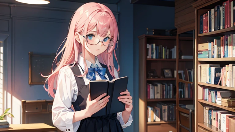 1 girl, holding the book, blue colored eyes, pink hair, 小柄, espartilho preto, black skirt and white blouse, bookcase, realisitic, glasses.