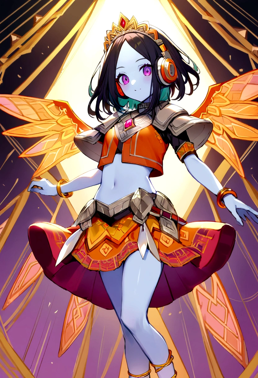 20 year old girl, light blue skin, long black hair with light green highlights, headphones with tiara, cute face, magenta eyes, grey collar with red gem, magenta crop top with orange pattern, white shoulder pads, open midriff, magenta wrapped skirt with orange pattern, golden anklets, barefoot, purple runic wings