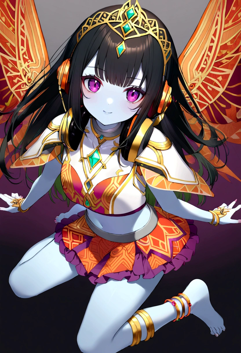 20 year old girl, light blue skin, long black hair with light green highlights, headphones with tiara, cute face, magenta eyes, grey collar with red gem, magenta crop top with orange pattern, white shoulder pads, open midriff, magenta wrapped skirt with orange pattern, golden anklets, barefoot, purple runic wings