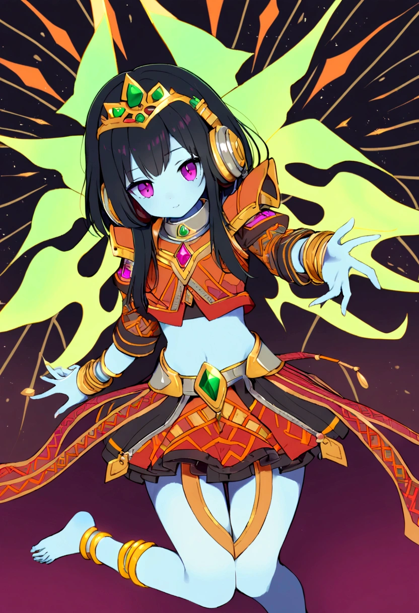 20 year old girl, light blue skin, long black hair with light green highlights, headphones with tiara, cute face, magenta eyes, grey collar with red gem, magenta crop top with orange pattern, white shoulder pads, open midriff, magenta wrapped skirt with orange pattern, golden anklets, barefoot, purple runic wings