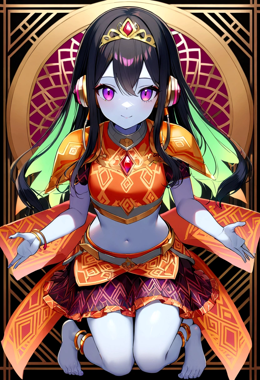 20 year old girl, light blue skin, long black hair with light green highlights, headphones with tiara, cute face, magenta eyes, grey collar with red gem, magenta crop top with orange pattern, white shoulder pads, open midriff, magenta wrapped skirt with orange pattern, golden anklets, barefoot, purple runic wings