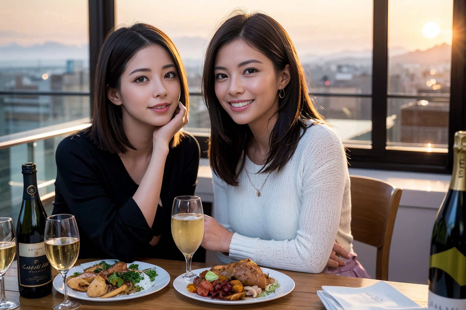 ((Highest quality、8K、masterpiece:1.3))、1 male 1 female、Satomi Ishihara、Beautiful couple、smile、full-course dinner、 (Slim face), (the body is スリム), (Brown Hair), (Shortcuts), ((Bob Hale、Straight hair:1.2)), テーブルの上のwine glass、Put the light on your face、 Amazing view of the sunset sky and clouds、smileの美しさ、Bright image、Blushing, Shortcuts, (43 years old), 39 years old, Appetizers、Italian food、Wine bottle、Champagne、sparkling wine、Long sleeve shirt、dress、Attractive beauty、restaurant, Nova Frog Style, actress, model, Upper Body, White wine, red wine, wine glass,