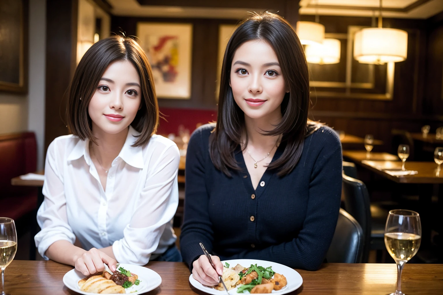 ((Highest quality、8K、masterpiece:1.3))、1 male 1 female、Satomi Ishihara、Beautiful couple、smile、full-course dinner、 (Slim face), (the body is スリム), (Brown Hair), (Shortcuts), ((Bob Hale、Straight hair:1.2)), テーブルの上のwine glass、Put the light on your face、 Amazing view of the sunset sky and clouds、smileの美しさ、Bright image、Blushing, Shortcuts, (43 years old), 39 years old, Appetizers、Italian food、Wine bottle、Champagne、sparkling wine、Long sleeve shirt、dress、Attractive beauty、restaurant, Nova Frog Style, actress, model, Upper Body, White wine, red wine, wine glass,