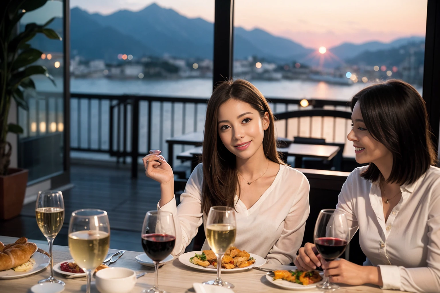 ((Highest quality、8K、masterpiece:1.3))、1 male 1 female、Satomi Ishihara、Beautiful couple、smile、full-course dinner、 (Slim face), (the body is スリム), (Brown Hair), (Shortcuts), ((Bob Hale、Straight hair:1.2)), テーブルの上のwine glass、Put the light on your face、 Amazing view of the sunset sky and clouds、smileの美しさ、Bright image、Blushing, Shortcuts, (43 years old), 39 years old, Appetizers、Italian food、Wine bottle、Champagne、sparkling wine、Long sleeve shirt、dress、Attractive beauty、restaurant, Nova Frog Style, actress, model, Upper Body, White wine, red wine, wine glass,