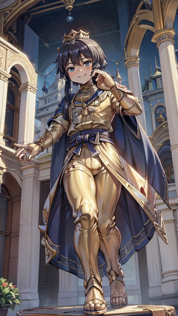 王子的Gold statue，Prince style，Prince costume，宫廷Dress，Gold statue，男孩的Gold statue，带着黄金冠冕的Gold statue，脚边停着一只燕子的Gold statue，Golden Boy Statue，Gold statue，Long hair，Dress，Dress，西式宫廷男士Dress，Cute boy，British style，Victorian style，crown，crown，femboy，Golden Boy Sculpture，Golden Boy Statue，Gold statue，Gold statue，Giant golden statue，Giant golden statue，Outdoor Background，Smiling statue，Close-up above the waist