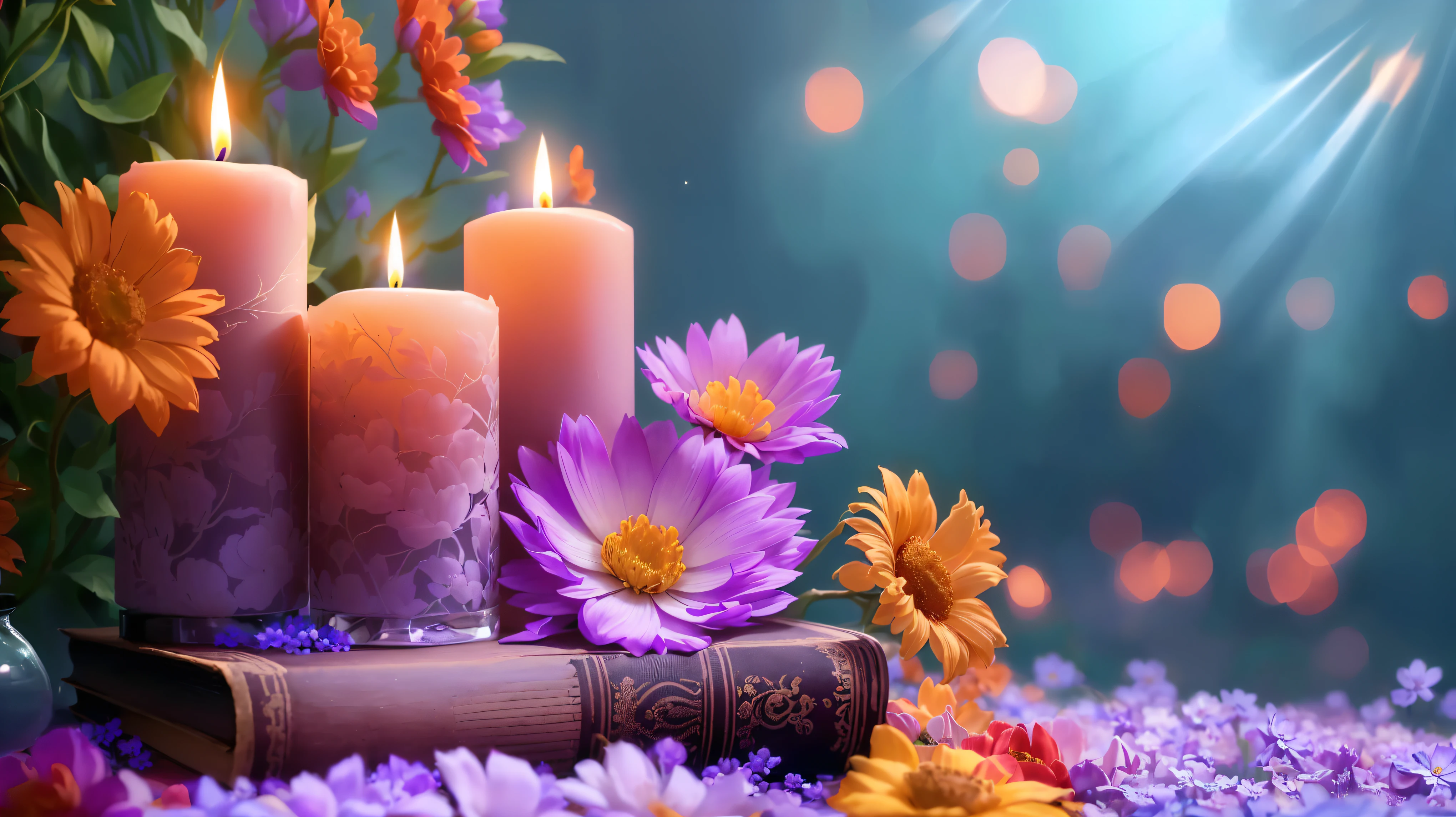Purple flowers and a candle are placed on a book with a candle, Relaxed atmosphere, relaxed mood, High-resolution wallpapers, Peaceful atmosphere, Beautiful Wallpapers, Very beautiful photos, Magical colorful flowers, Relaxing environment, Glowing Candles, Beautiful atmosphere, books and flowers, Candlelight, Warm and beautiful scenery, Beautiful atmosphere, Peaceful environment, Romantic atmosphere, Light a candle, Romantic atmosphere
