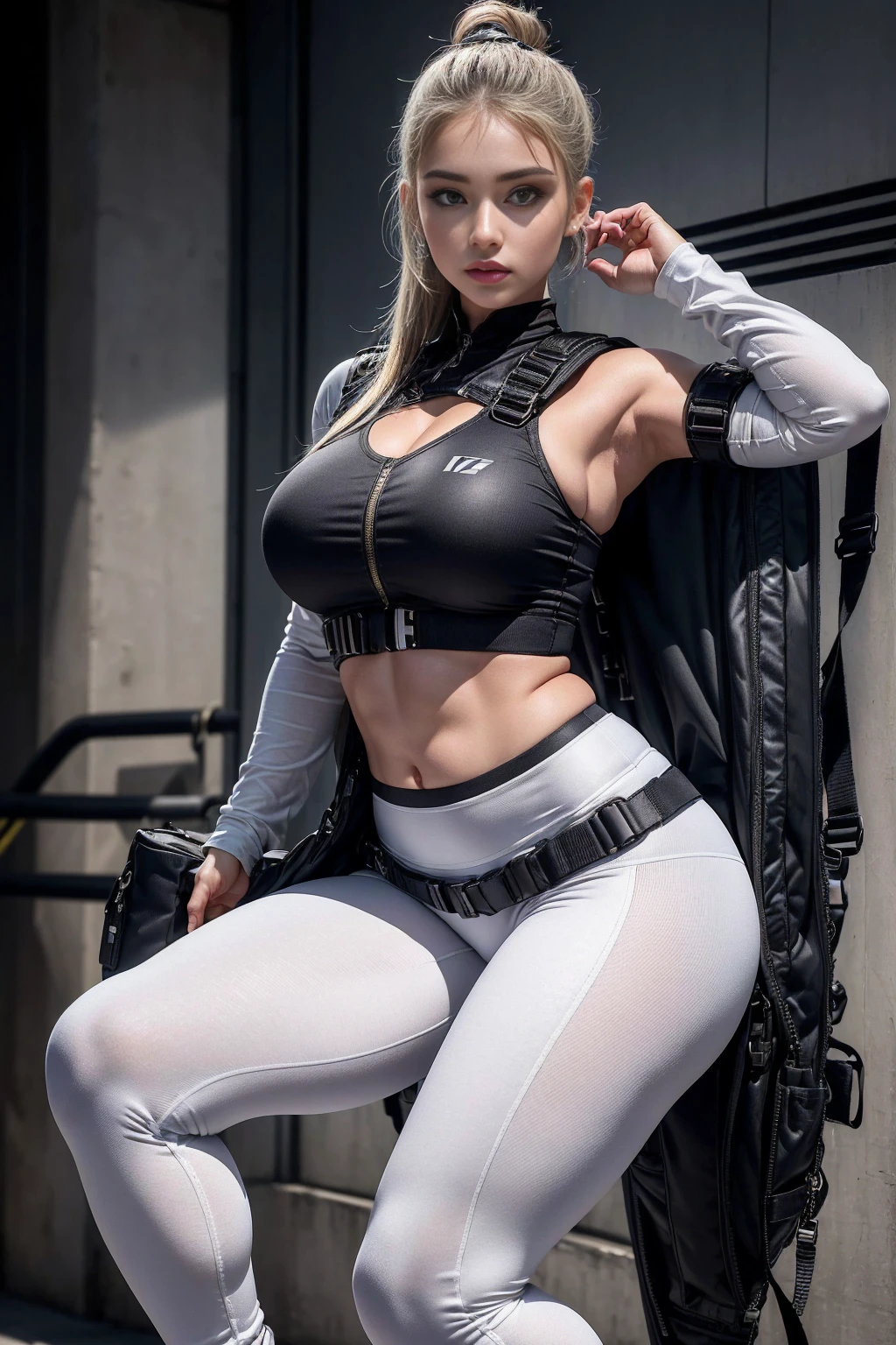 (Highest image quality, Outstanding details, Ultra-high resolution), 1 girl, put((A futuristic military look inspired by white yoga pants, Military wiring harness, Military Equipment,For example, military bag)), (Glamorous characters, Curvy body, Fitness, Tight abs), background(At military bases), (Dynamic poses)