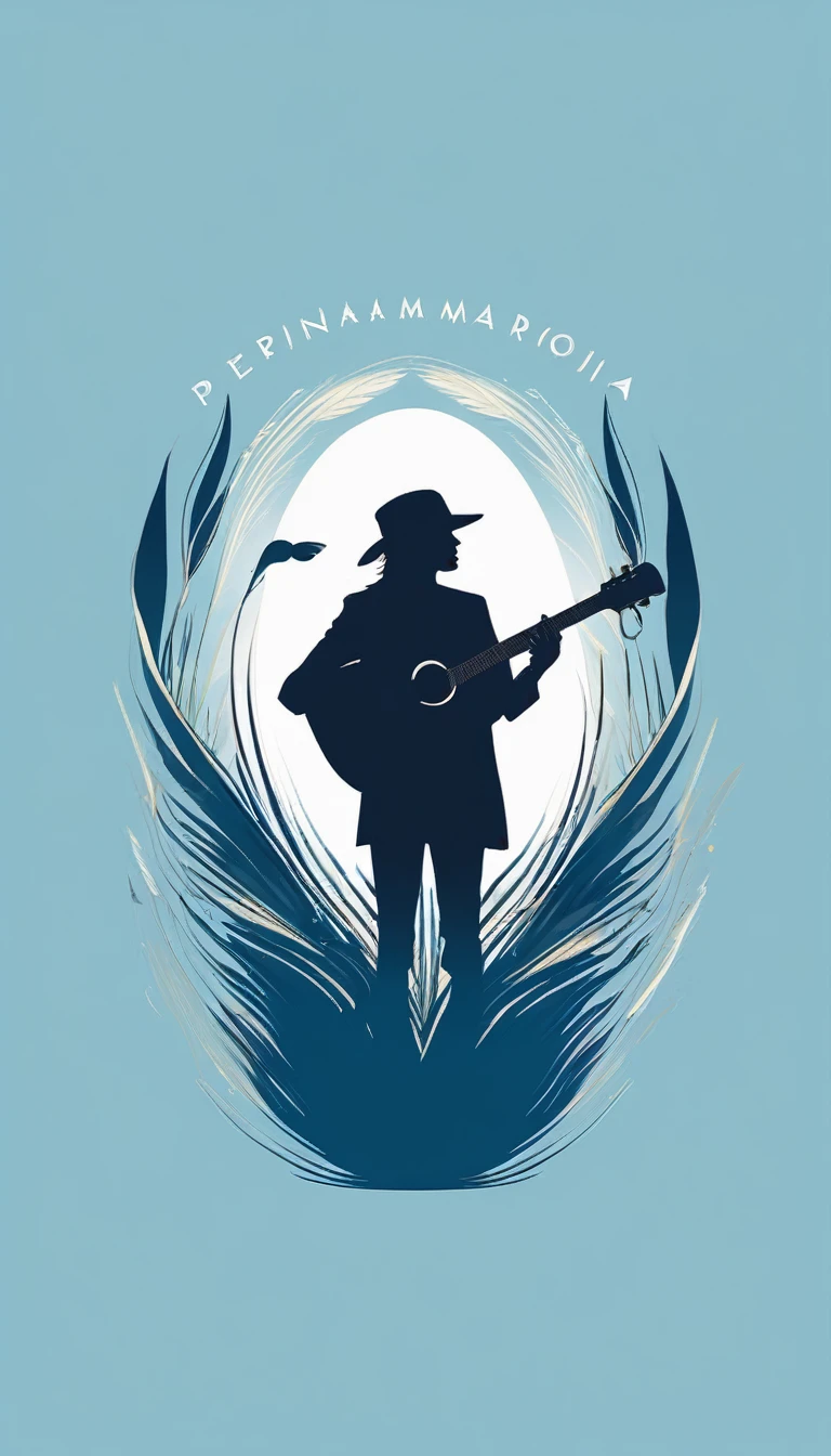 A minimal, modern, simple, cinematic logo design for the brand “Penamemoria". The logo design must be a simple, silhouette of a boy, standing up, playing acoustic guitar and fantasy feather by his side. The logo must convey a sense of music, stories, memories and dreams. Logo design impressed on a book cover. Minimalistic logo. Light blue, white and soft golden as colors for the logo design