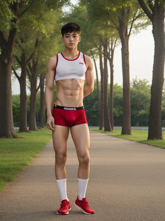  teenagers ,  young , light-skin , wearing an dark red sexy underwear, tmasterpiece，k hd，the feet，Transparent sports vest，semi transparent，black long socks，The barefoot , red colour , handsome and cute , extreme cute boy , white skin , dark red underwear boxers shorts , extremely tall and cute boy ,oppa model , handsome model , full body , dark red boxers underwears short shorts , black socks , white light-skin , Chinese model , young boy , white skin , handsome and extremely cute , red boxers underwear shorts , long black socks , handsome model , at the park , jogging , model oppa , long legs , jogging , running , high knee black socks ,black  long socks , stand up , extremely tall , extremely high , red underwears , red sports underwear , long black socks , clean and white legs , Chinese model , extremely long legs , looking at the camera , clean and white thigh , heavy bulge , kid face , baby face , wearing jacket , red underwears boxers , light and white skin , Chinese model