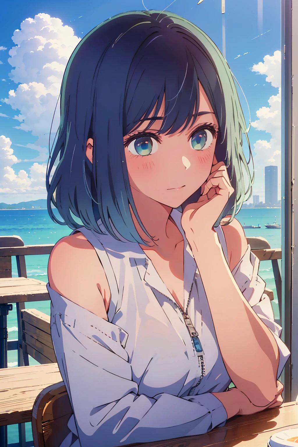 (Highest quality:1.4、masterpiece:1.4、超detailed:1.4、Ultra-high resolution:1.4、Absurd:1.4、Absolute Resolution:1.4、8K:1.4、detailed:1.4)、Slim body、Very white beautiful skin、((((1 person、Surprised expression、sit、Chair、In the background are the urban buildings of Tokyo、looking at the camera、Outdoor café terrace、Navy hair color、juice、table、Get up close and take a photo、Very cute face))))、((((nude、very beautiful areola))))、(Pose with hands tucked behind ears:1.4、Cheek resting on hand:1.4)、(((Black off-the-shoulder blouson with zipper、Take off your clothes)))、Very blue sky、A completely cloudless sky