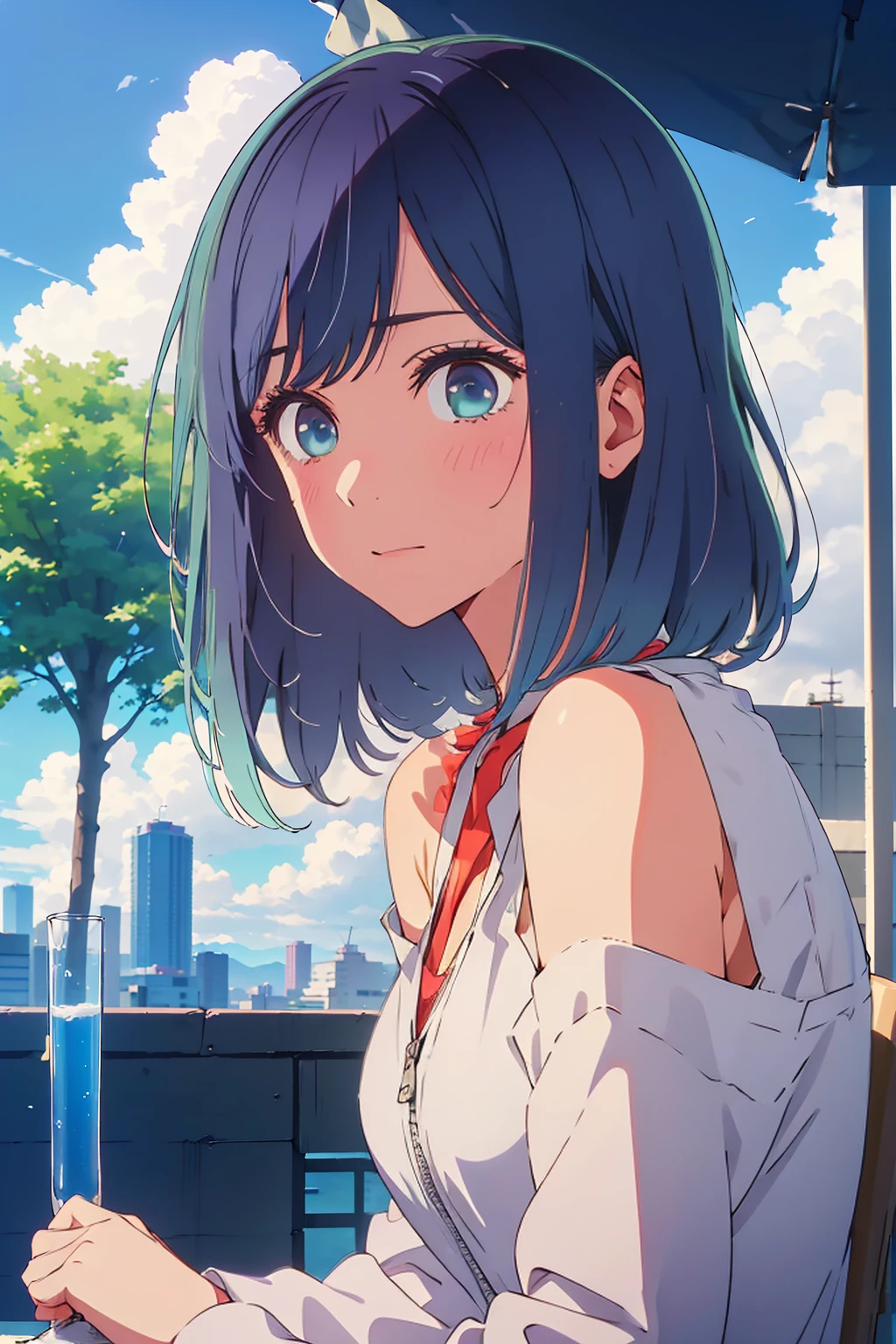 (Highest quality:1.4、masterpiece:1.4、超detailed:1.4、Ultra-high resolution:1.4、Absurd:1.4、Absolute Resolution:1.4、8K:1.4、detailed:1.4)、Slim body、Very white beautiful skin、((((1 person、Surprised expression、sit、Chair、In the background are the urban buildings of Tokyo、looking at the camera、Outdoor café terrace、Navy hair color、juice、table、Get up close and take a photo、Very cute face))))、((((nude、very beautiful areola))))、(Pose with hands tucked behind ears:1.4、Cheek resting on hand:1.4)、(((Black off-the-shoulder blouson with zipper、Take off your clothes)))、Very blue sky、A completely cloudless sky