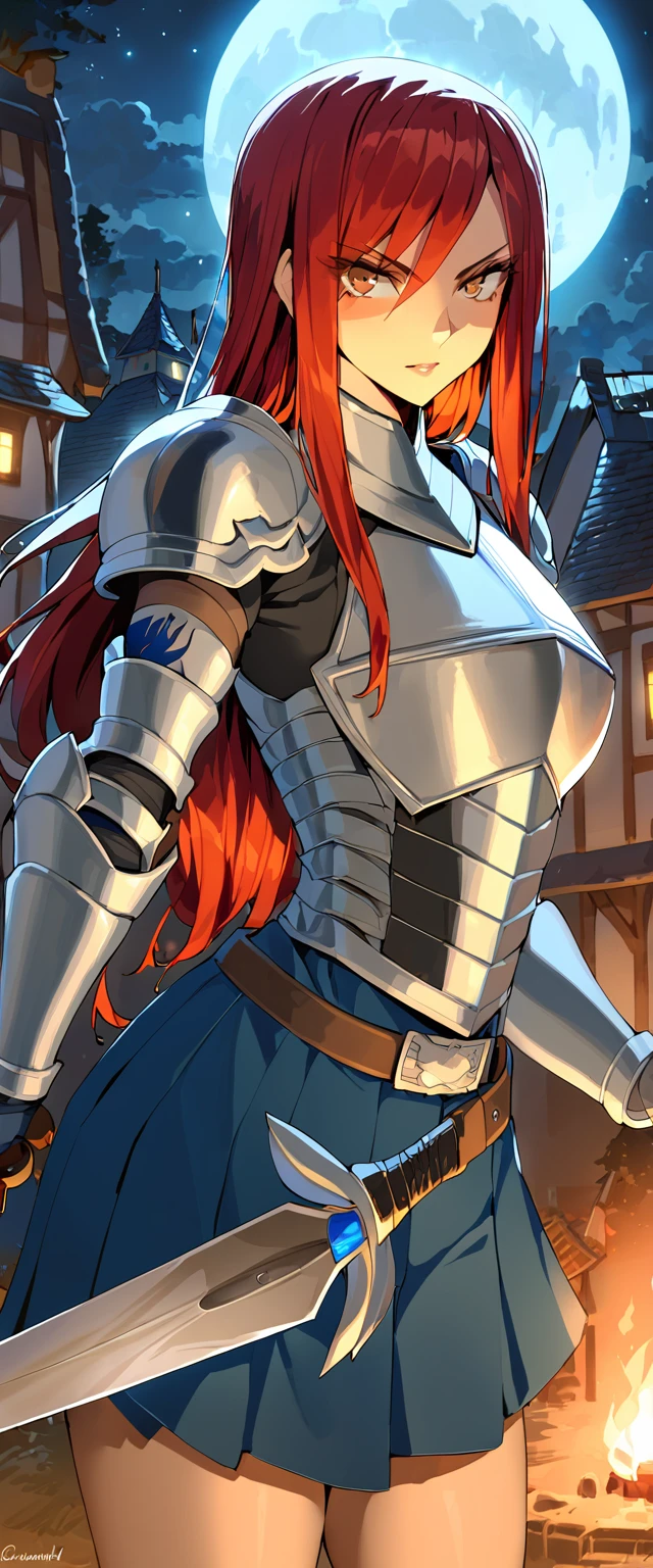 Elsa, Holding a sword, Severe, Brown eyes, Scapula,Blue Skirt, tattoo, gloves, breastplate, One girl, Gauntlet, belt,Pleated skirt, Have a weapon, Redhead, Pauldrons, View your viewers, at night, full moon, village, torch,
,masterpiece, Highest quality,Animel the