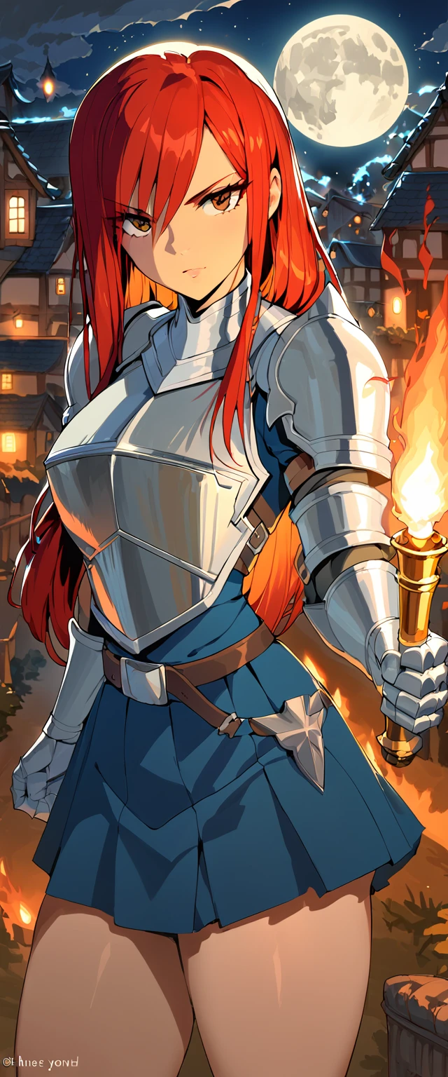 Elsa, Holding a sword, Severe, Brown eyes, Scapula,Blue Skirt, tattoo, gloves, breastplate, One girl, Gauntlet, belt,Pleated skirt, Have a weapon, Redhead, Pauldrons, View your viewers, at night, full moon, village, torch, 
,masterpiece, Highest quality,Animel the