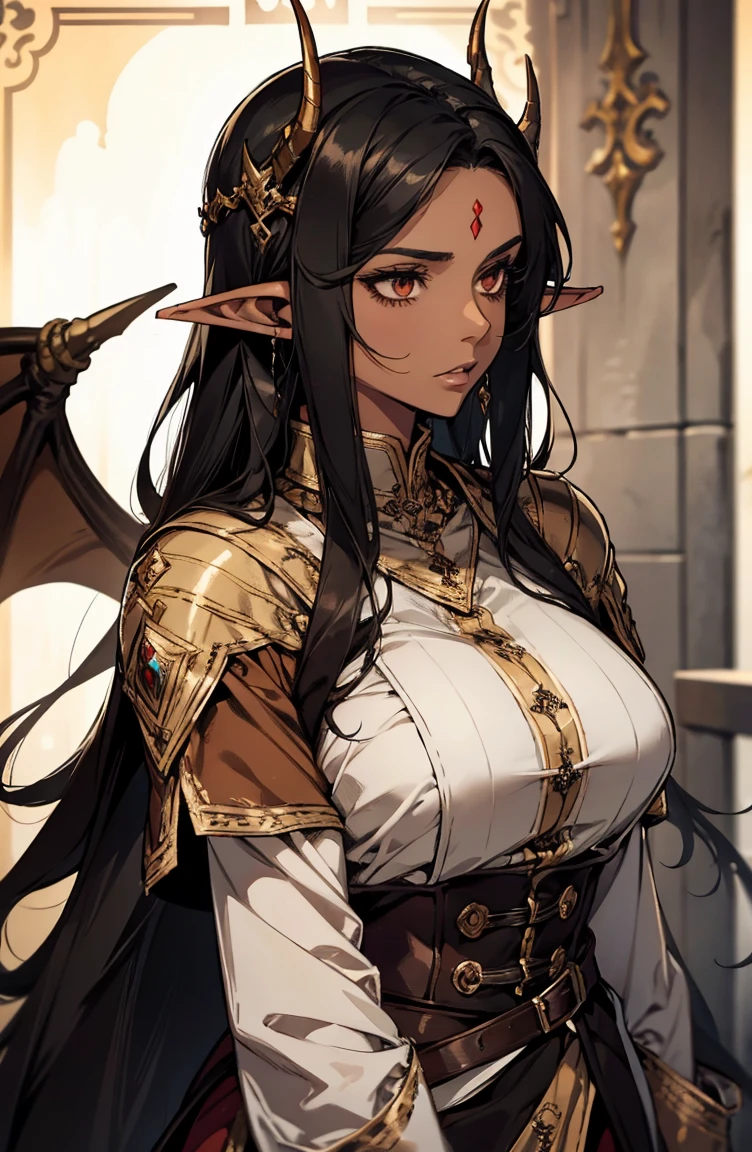 brown skin, older woman, sexy, tall, brown skin, one dragon wing, black hair, elf, elf ears, dragon horns, army, ruler