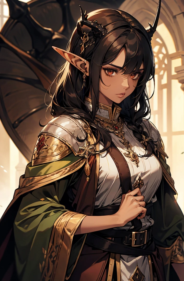 brown skin, older woman, sexy, tall, brown skin, one dragon wing, black hair, elf, elf ears, dragon horns, army, ruler