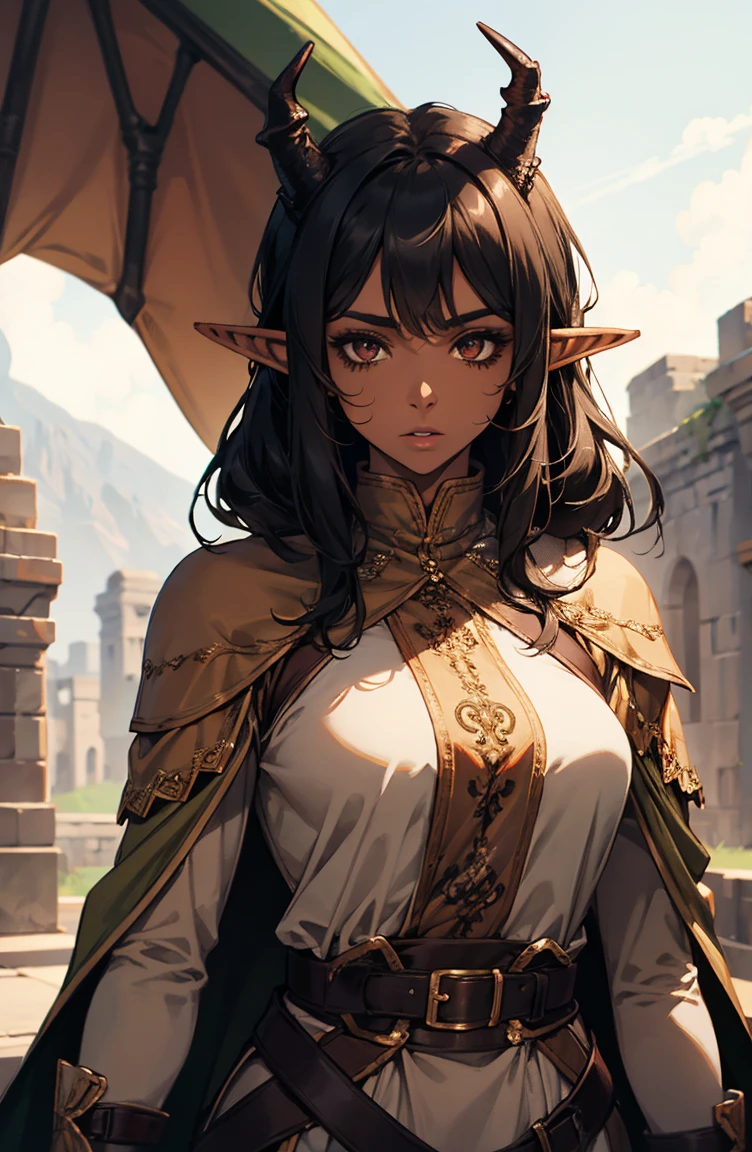 brown skin, older woman, sexy, tall, brown skin, one dragon wing, black hair, elf, elf ears, dragon horns, army, ruler